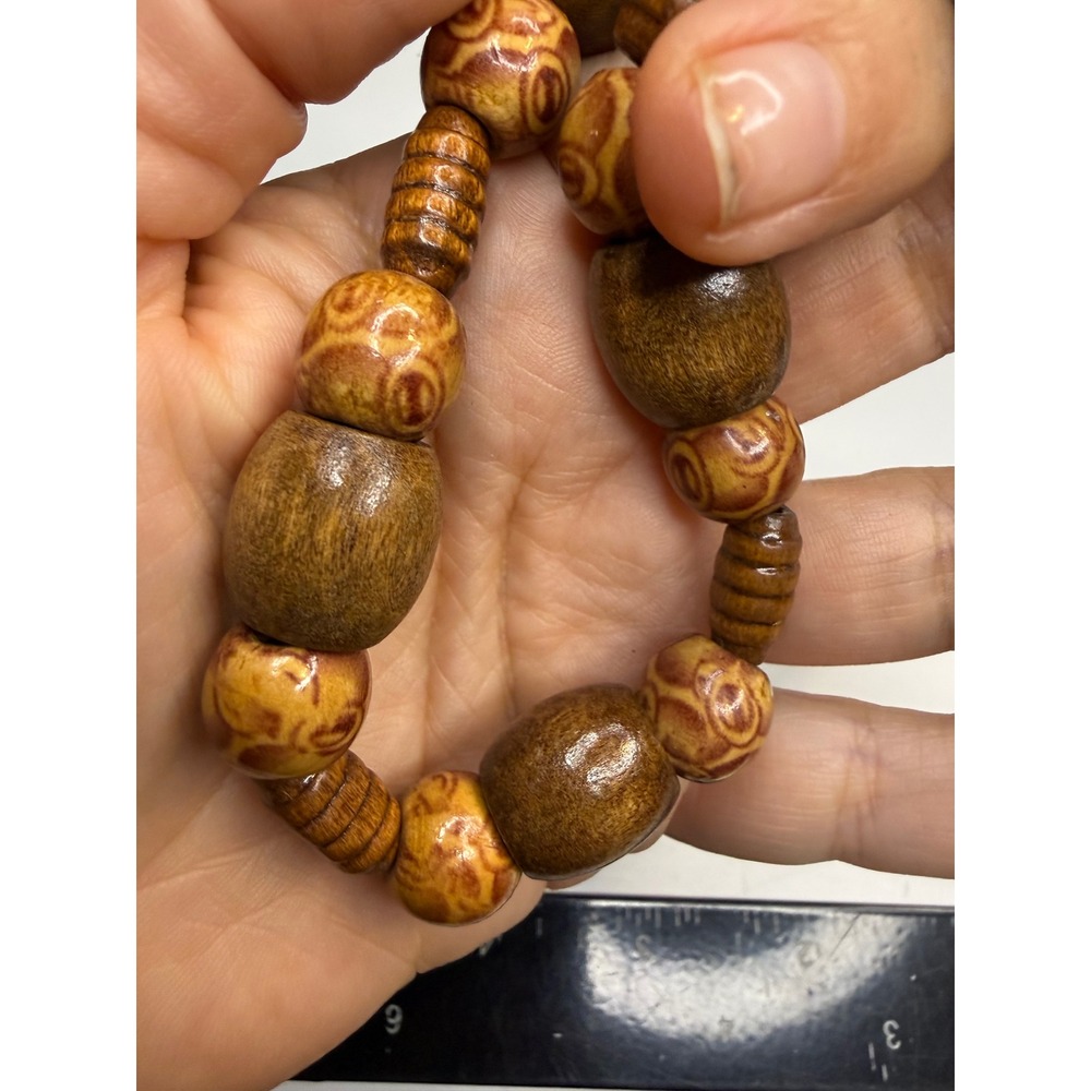 Handmade Carved Wood Bead Necklace Brown Earthy Boho Barrel Clasp 19 Inch